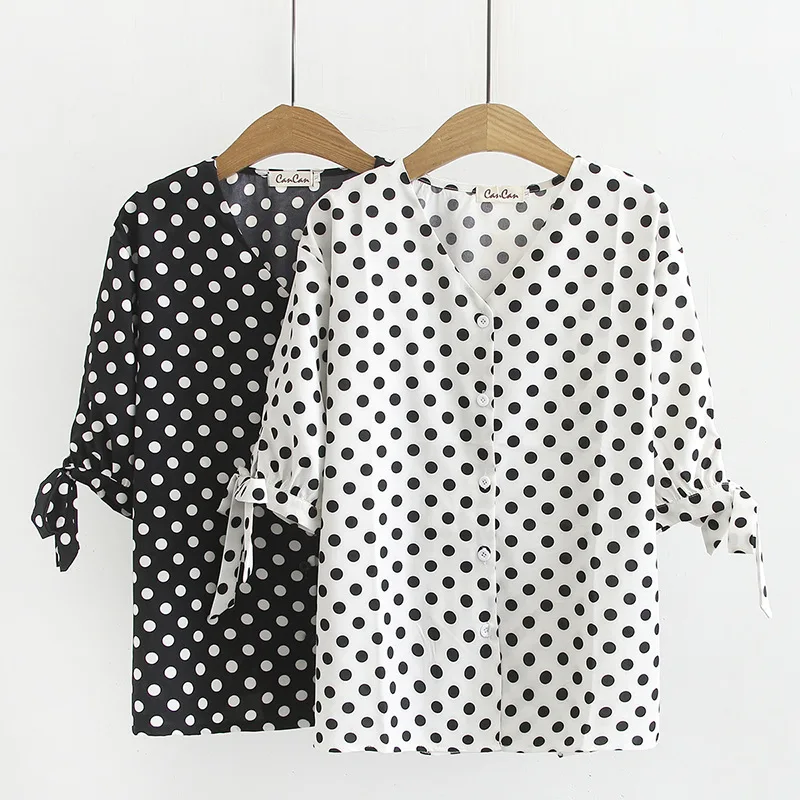 

Summer New Style Plus-sized WOMEN'S Dress Belly Covering Tops 200 of Fat Mm Short Sleeve Polka Dot V-neck Chiffon Shirt
