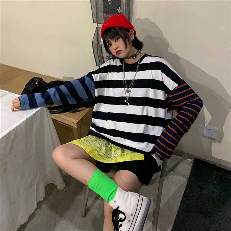 NiceMix, модная Корейская уличная одежда, женские осенние футболки в стиле панк, женские принтованные Футболки с длинным рукавом, повседневная одежда в стиле хип-хоп