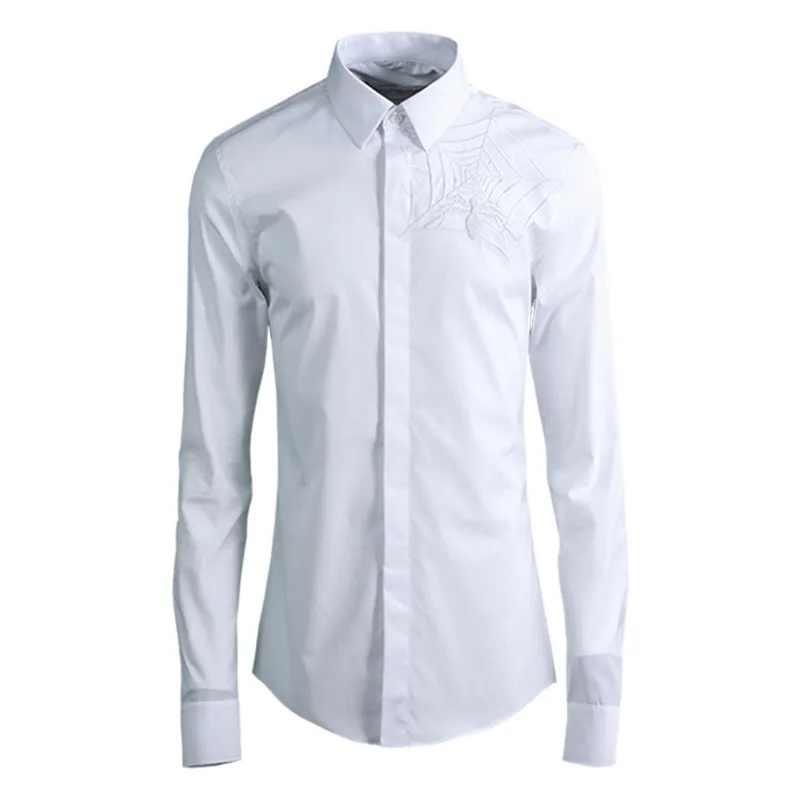 white Роскошная брендовая рубашка с вышивкой для мужчин Camisa Masculina Осенняя новая приталенная Повседневная белая мужская рубашка-смокинг - Цвет: white