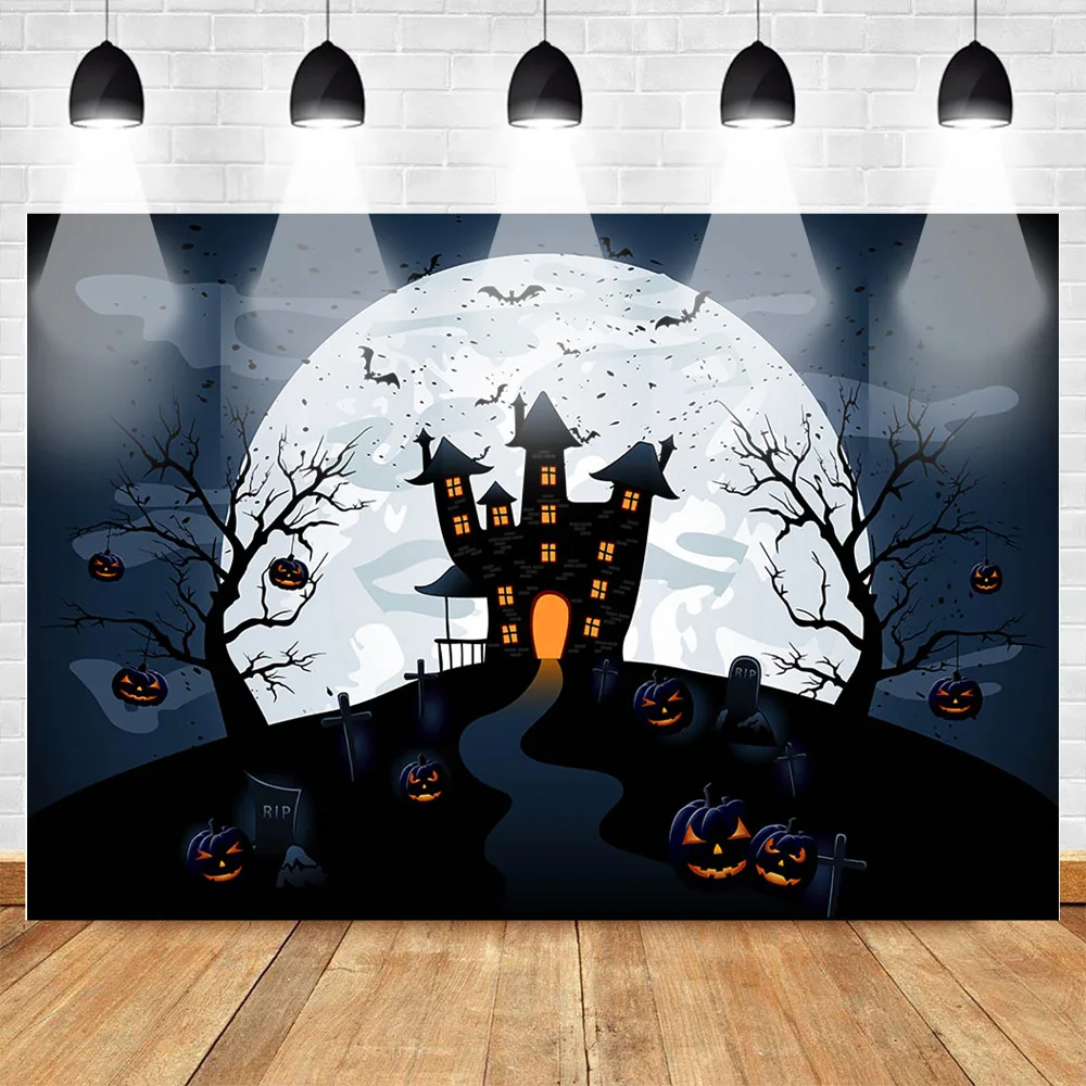 Фон для фотосъемки Хэллоуин замок черный лес старые деревья Ночь Луна ужас Тыква