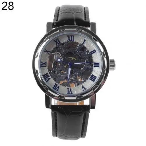 Men Top Faux Leather Band Roman Numerals Hand-Wind Mechanical Watches Waterproof Sports Army Automatic Skeleton Men Watch reloj - Цвет: White Blue