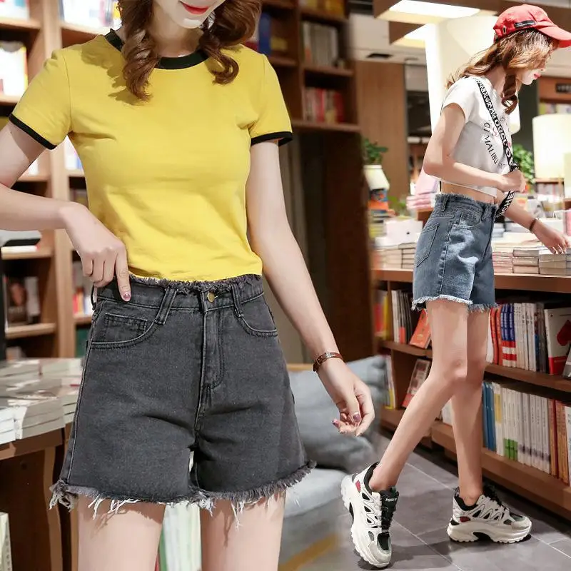 

Women Jeans Shorts High Waist Loose Wide Leg Burrs Solid Color Summer Denim Summer Ladies Shorts Jeans For Women S-2XL