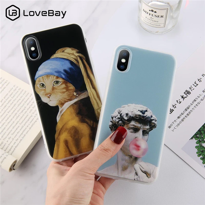 

Lovebay Oil Painting Style Phone Case For iphone 5 5S SE 6 6S 7 8 Plus XS Max XR X Soft Cartoon Cat Girls Statue Back Case Cover