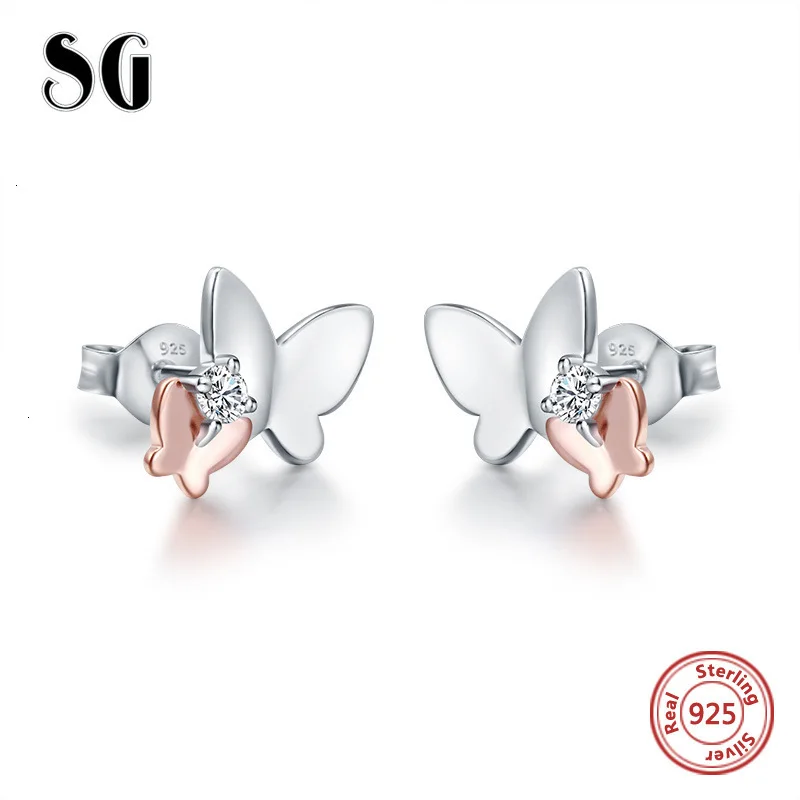 SG 925 пробы серебряные серьги Модные ювелирные изделия для женщин кубический цирконий розовое золото бабочка серьги гвоздики новое поступление