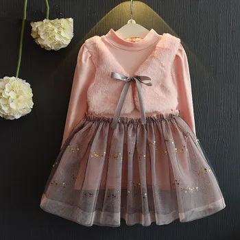 

Baby girl's clothes cotton thick warm fake two small vest mesh gauze stitching plus velvet shirt baby dress princess dress