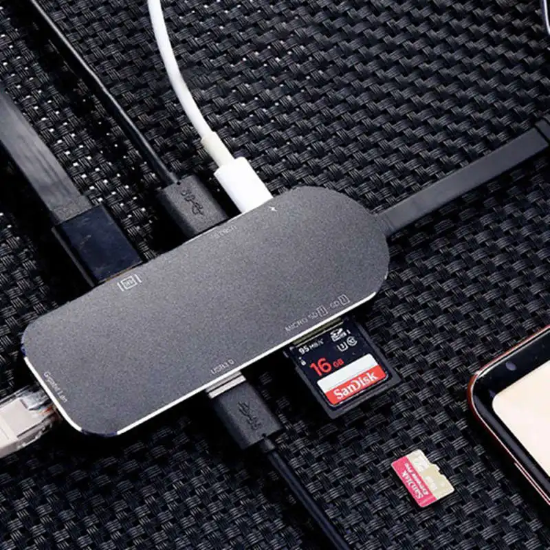 Тип-c хаб-конвертер Hdmi+ гигабитный сетевой кабель+ Usb-C зарядка Sd/Tf кард-ридер