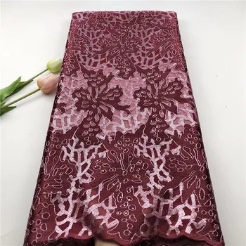 

African Wine Organza Sequins Lace Fabric 2019 New Nigerian Wedding Dress High Quality Organza French Net Mesh Lace With Stones