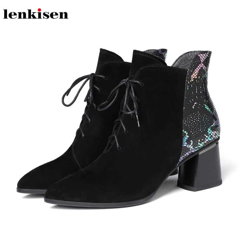 

Lenkisen European style genuine leather snake pointed toe high heels lace up mixed colors winter keep warm women ankle boots L12