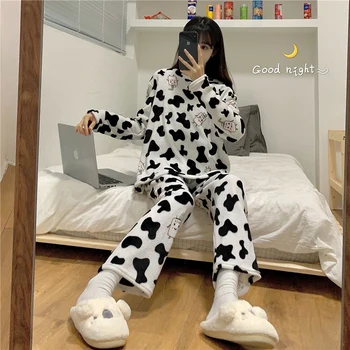 

Korean version of autumn and winter 2020 new women's flannel printed milk pajamas two sets casual home wear