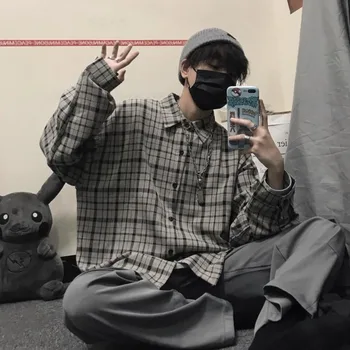 

2020 Summer And Autumn New Korean Couple European And American Style Loose Plaid Long-sleeved Shirt Pure Cotton M-XL