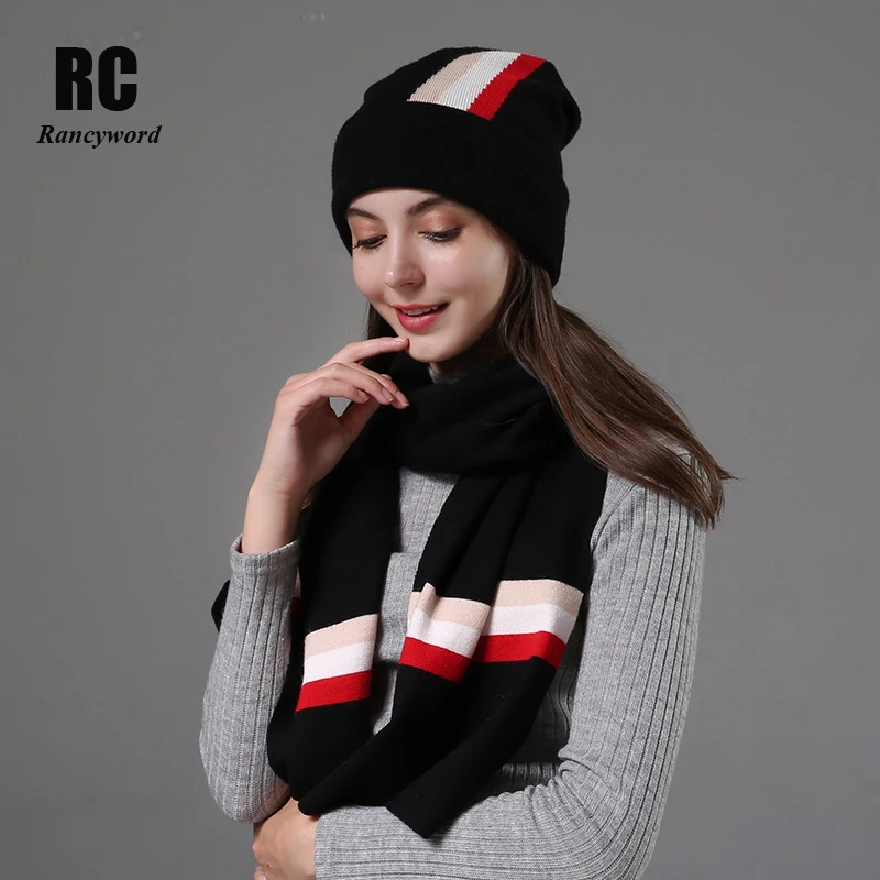 [Rancyword] женские головные уборы наборы зимняя вязаная шапка шарф Набор для женщин Повседневные шапки бини зима подарок для девочек RC2072