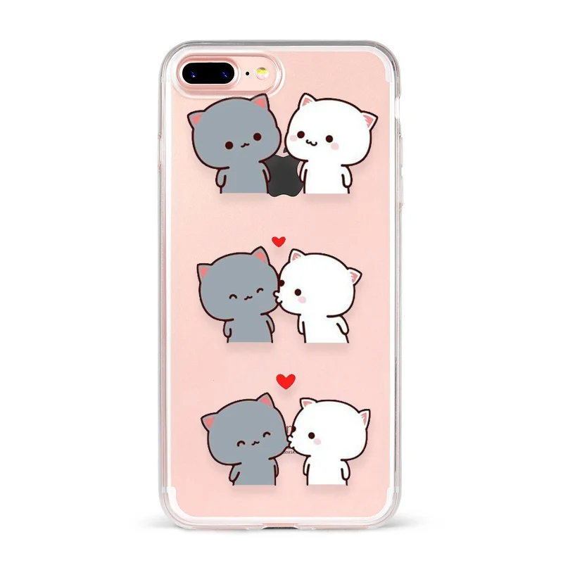 TPU Peach Mochi Cat мультфильм Ctue Прекрасный Любовь Пара телефон чехол для iPhone 7 6 6S 8 PLUS X XS XR Max прозрачный мягкий чехол для девочки - Цвет: TPU