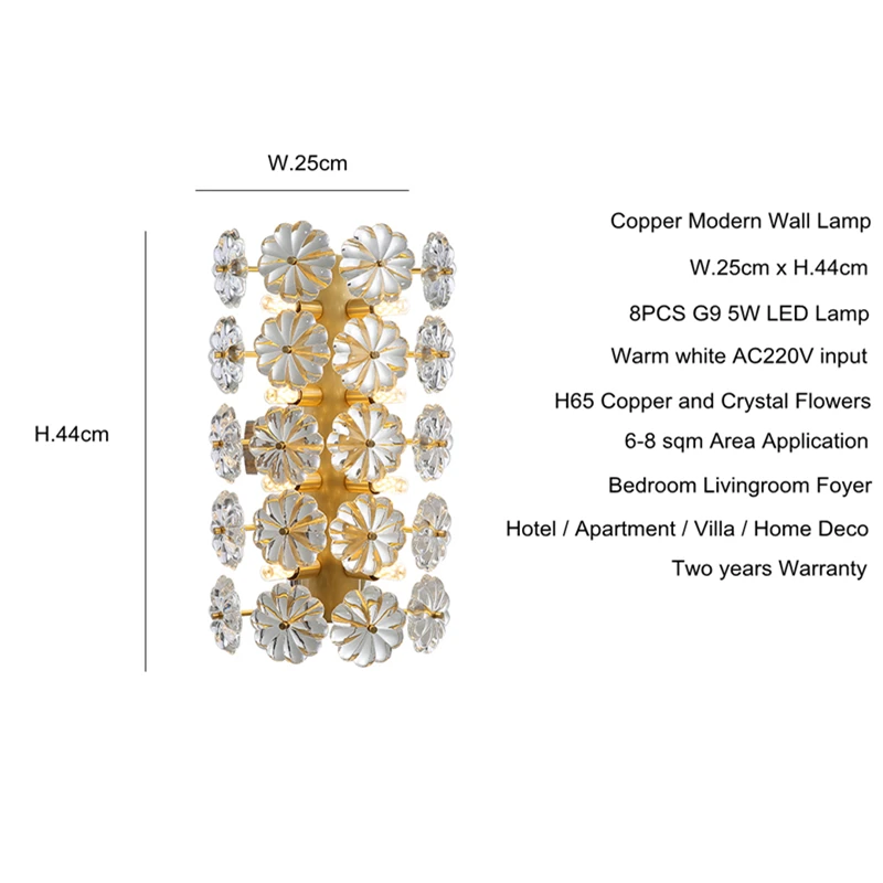 Modern Artistic Copper Flowers Wall Lamp Flower Creative Wall Light Villa Hotel Bedroom Bedside 8PCS G9 LED Bulb Sconce Light