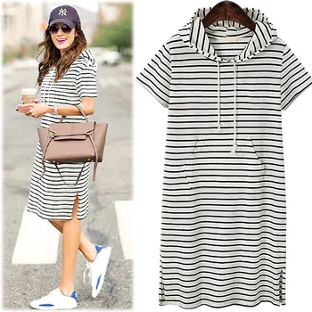 

Maggie's Walker 2018 summer clothes for pregnant women Fashiom stripe Hooded loose boat neck beautiful dress for mom