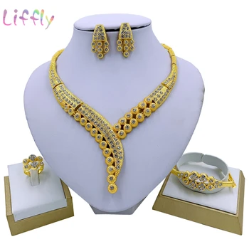 

African Charm Bridal Wedding Jewelry Sets Big Necklace Gold Bracelet Earrings Ring Crystal Jewelry Party Fashion Jewelry Set