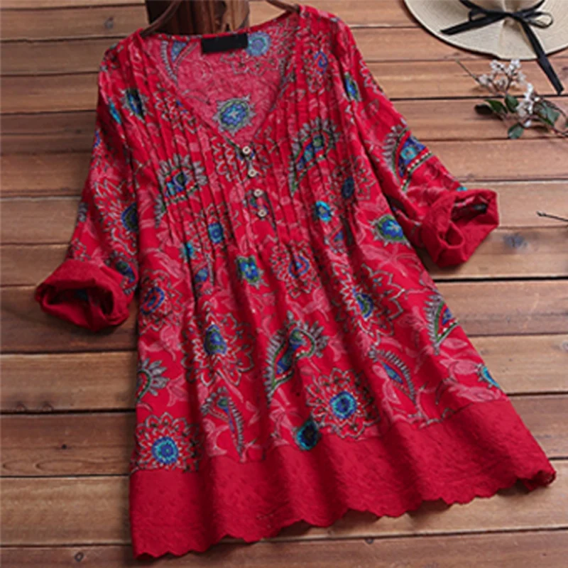 Большие размеры Летняя мода Boho Хлопок Лен с рисунком блуза, Топ Свободный Топ Женская рубашка с длинными рукавами Blusas Femininas пуловер