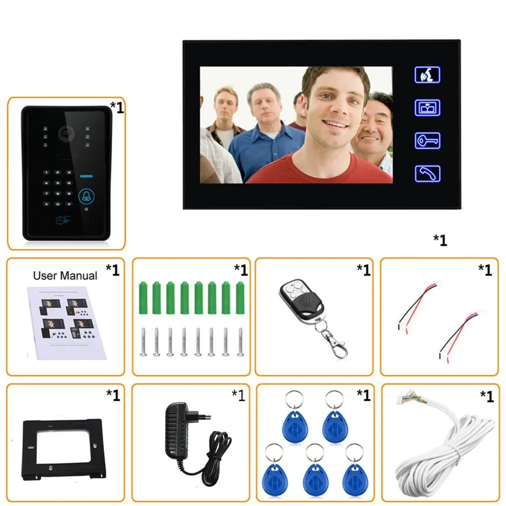 7 дюймов Цвет HD сенсорный Экран проводной RFID пароль видео телефон двери дверной