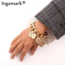 Ingemark панк резной монета сердце браслет богемный круг Королева Золотая толстая цепочка кисточкой кулон браслет для женщин ювелирные изделия