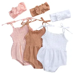 Body en coton et lin pour bébés filles, vêtements de plage, couleur unie, sans manches, avec bretelles, été, 2022 