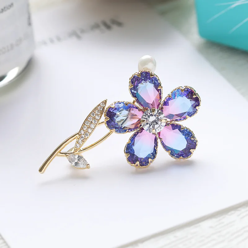 

South Korea-Style Flower Brooch Micro Zircon Color Tourmaline Sweater Business Suit Corsage Women's Scarf Buckle Brooch Accessor