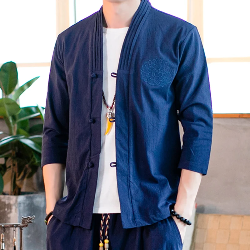 Discount 2019 Sinicism Cotton Linen Shirts Men Kimono Traditional Open Stitch Shirt Belt Pocket Male Three Quarter Sleeve Shirt S-5XL