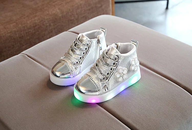 Высококачественная детская обувь; яркий светильник; обувь для девочек с цветочным орнаментом; блестящая обувь золотистого цвета; яркий светильник; обувь для учащихся