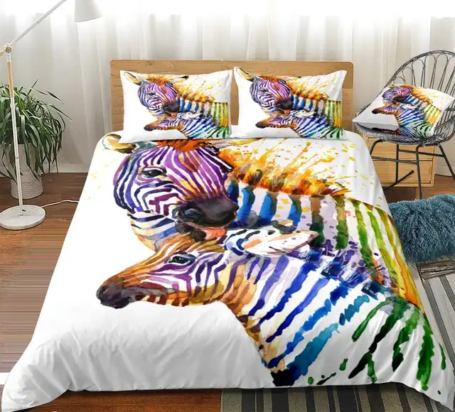 Colorful Zebra Duvet Cover Set Wild Animals Bedding Set Rainbow