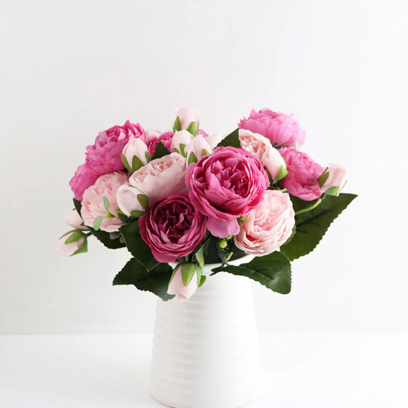 Лидер продаж, дешевые 30 см розовый Искусственный Пион из шелка Букет 5 больших головок и 4 бутона, искусственные цветы для семьи, свадебные украшения в помещении