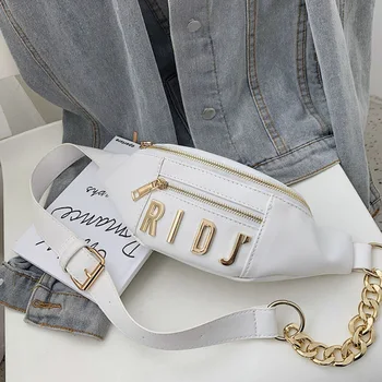 

Women's Waist Bag Letter Fanny Pack PU Leather Belt Bag Female Chain Crossbody Chest Bags Banana Hip Bag Small Pocket