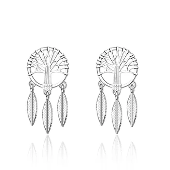 

925 Sterling Silver Tree Tassel Feather Ear Piercing Drop Earrings for Women Wedding Jewelry Party Accessories pendientes eh1086