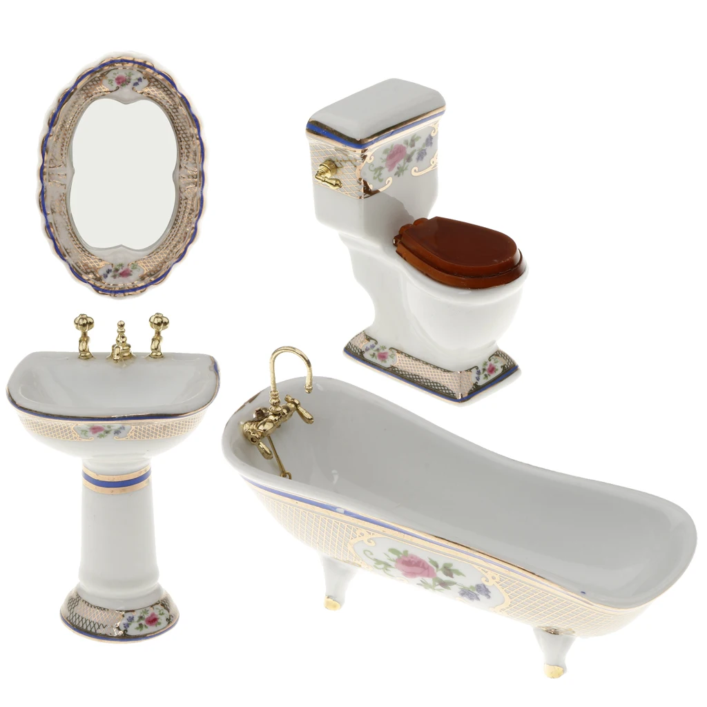 1/12 Dollhouse Miniature Bathroom Furniture Kits Flower Pattern Bathtub and Toilet Set