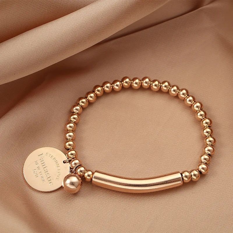 Titanium Steel High Quality Double Elastic Rope Beads Round Charm Bracelet For Women Gold Color Bracelet Jewelry Lover Gift