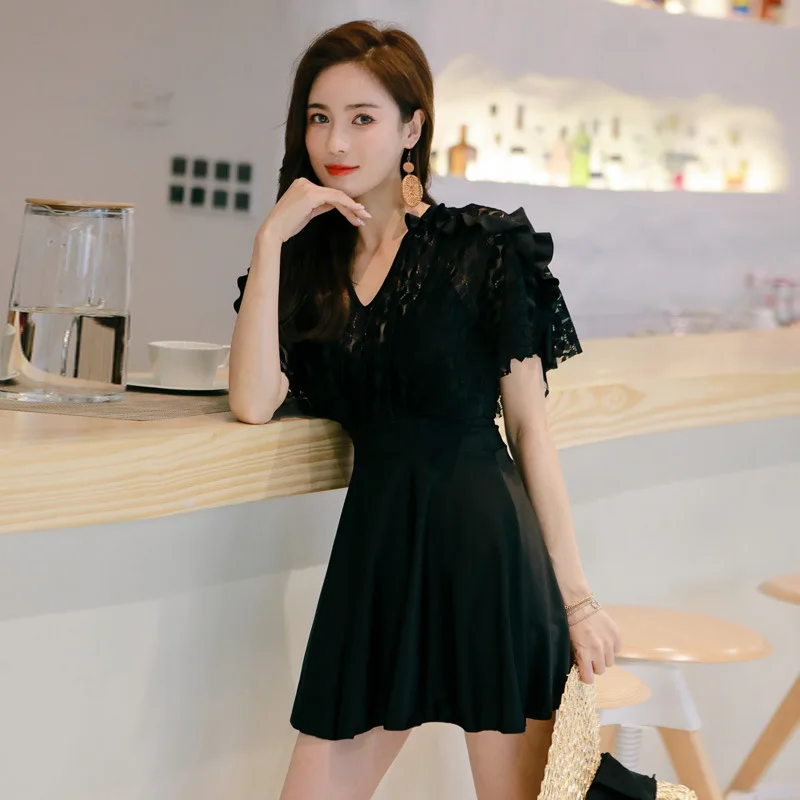 

South Korea Two-piece Swimsuits Women's Graceful Small Bust Gathering Skirt Belly Covering Conservative Slimming Boxer Bubble Ho