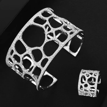 

GODKI Trendy Luxury Crossover Statement Bangle Cuff Ring Sets Jewelry Set For Women Wedding Cubic ZirconIA Dubai Party Bracelet