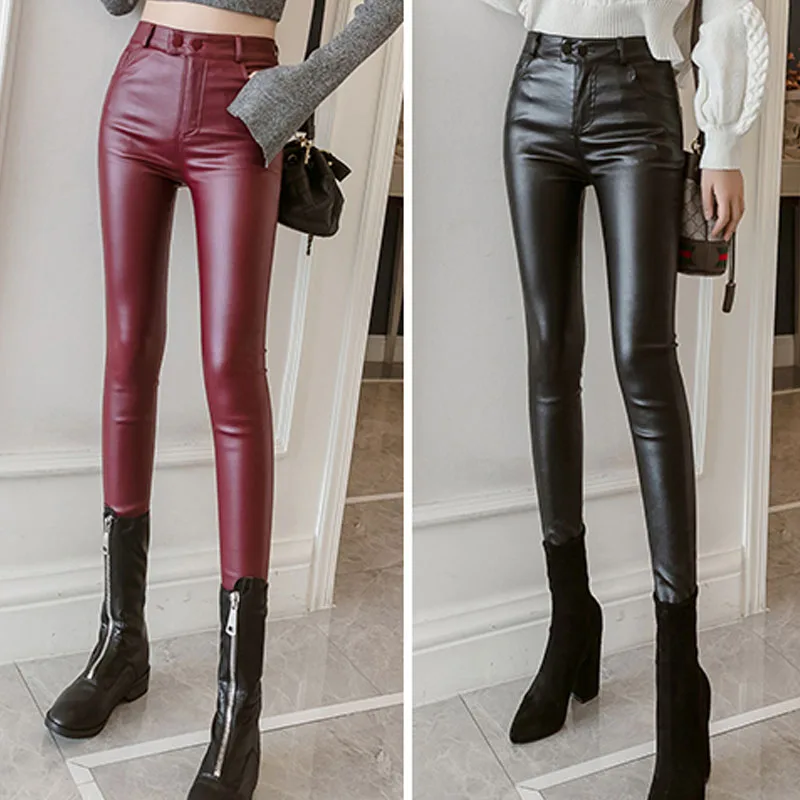

2019 PU Leather Pants Women Elastic Trousers Plus Size 3XL Winter Velvet Thin Thick Slim Pencil High Waist Matte Leggings Sping