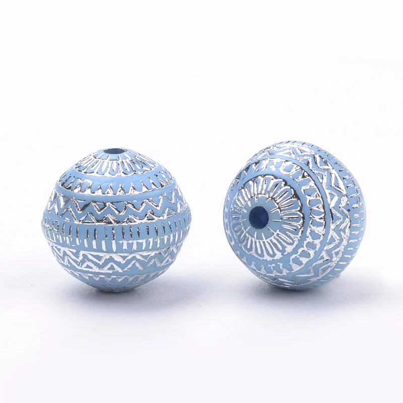 PandaHall 20 Stück Metallverzierte Runde Kornblumenblau Beschichtete Acrylperlen im Folk-Stil für DIY-Schmuckherstellung 11,5x11mm, Loch: 1,5mm – Detail 1