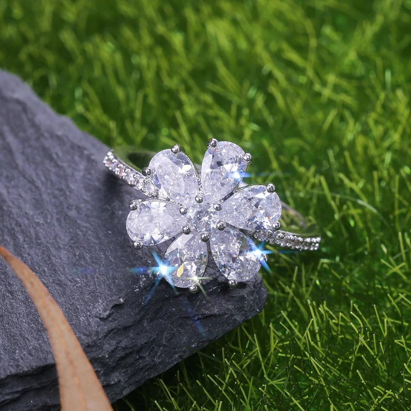 Fashion Crystal Wedding Rings for Women Silver Color Flower Floral Shaped Engagement Bridal Luxury Party Jewelry finger ring silver ring wedding rings wedding ring