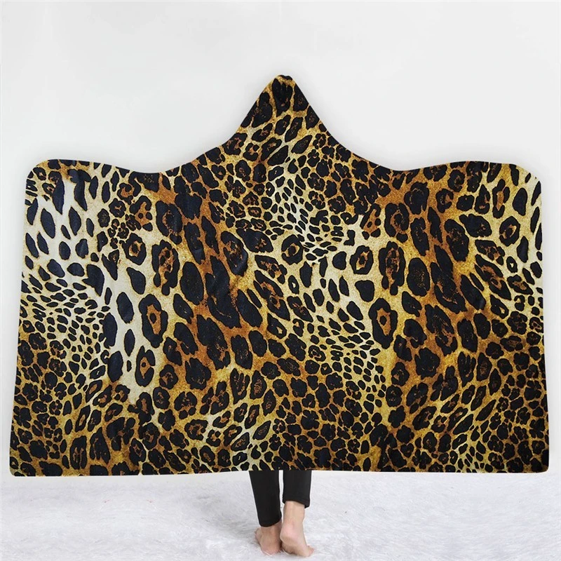 

Fashion Leopard Zebra Skin Pattern Hooded Blanket Winter Home Office Warm Cloak Fleece Travel Picnic Wearable Blanket For Adult