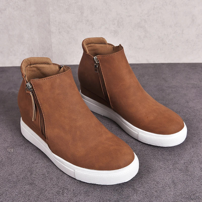 brown LOOZYKIT/женские кроссовки; дышащая Вулканизированная обувь на танкетке; однотонная женская кожаная повседневная обувь; ; tenis feminino - Цвет: brown