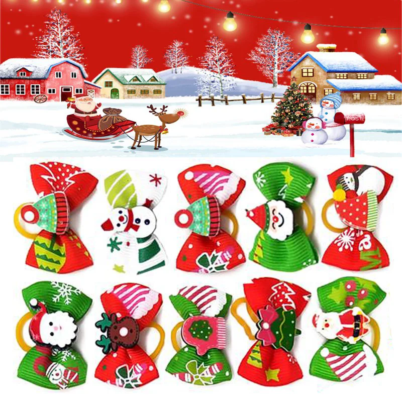 10Pcs 10Pcs/Set Pet Christmas Bowknot Headdress Dog Hair Bows With Rubber Bands Dogs Accessories Pet Products Accesorios Para Perro - Цвет: 10Pcs