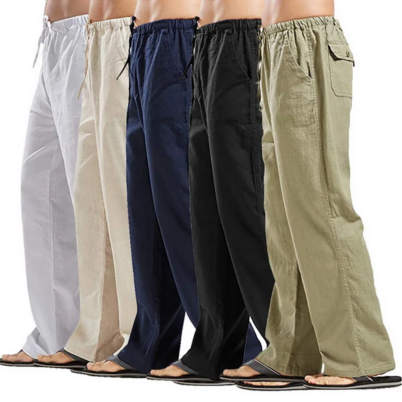 

Men Drawstring Cotton Linen Long Pants Straight Loose Casual Trousers Ealstic Waist With Pockets Cargo Male Pantalones Pants