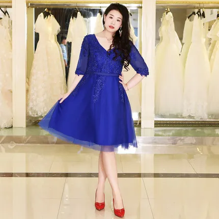 Royal blue V-Neck Prom Dresses A-line Vestidos De Gala Plus Size DX055 Navy Blue Dresses Women Party Night Half Sleeve Short Prom Gown - Цвет: Royal blue