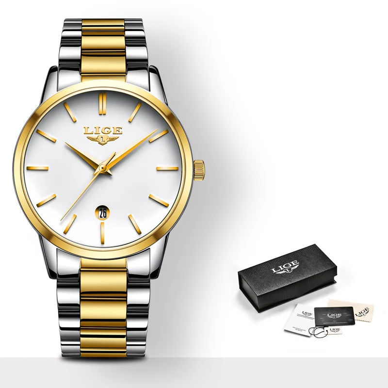 gold white LIGE новые золотые часы женские креативные стальные женские часы-браслет женские часы Relogio Feminino Montre Femme - Color: gold white