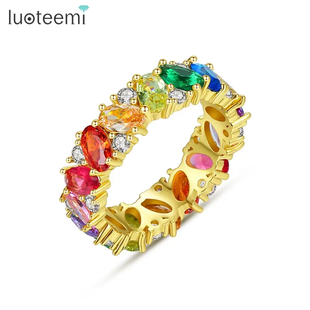 

LUOTEEMI Handmade Colorful Rainbow Trapezoid Stone Wedding Engagement Rings for Women Fashion Jewelry Eternity Anel Femme Gifts