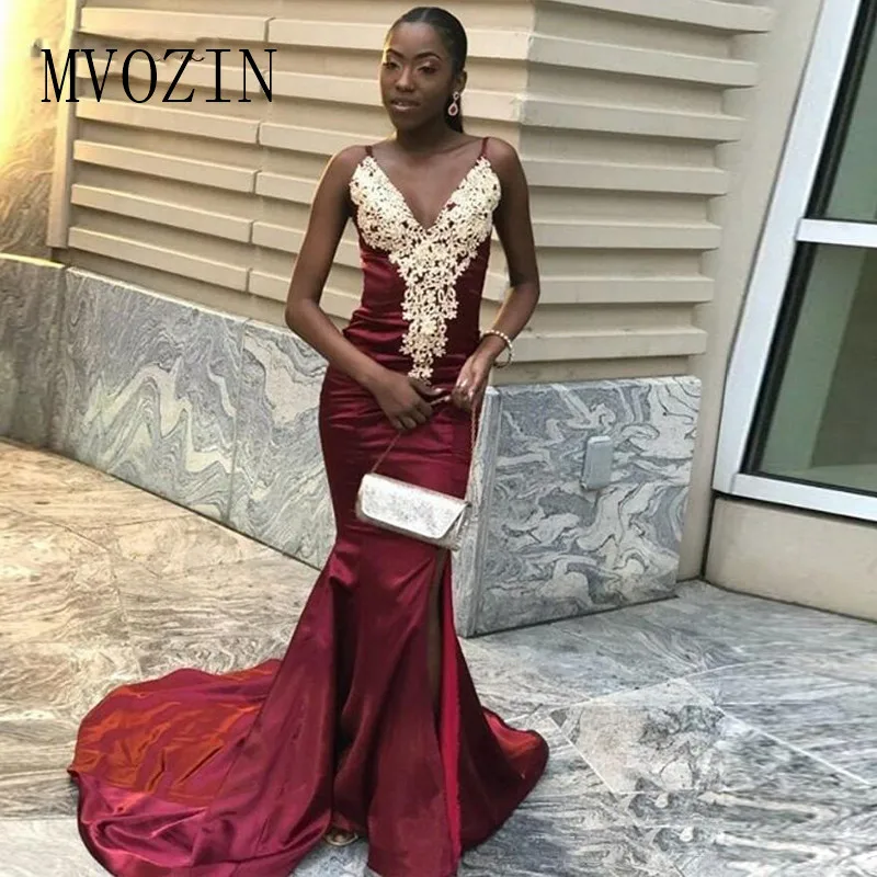 Mermaid-Burgundy-Prom-Dresses-With-Gold-Appliques-Spaghetti-Straps-Evening-V-neck-Summer-Party-Dress-Long