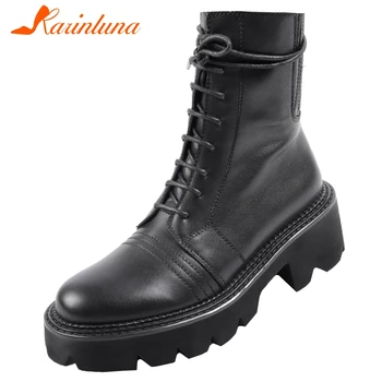 

Brand New Large Size 33-42 Female Boots Genuine Leather Cow Square Heel Round Toe Lace-Up Solid Ankle Boots Cross-tied footwear