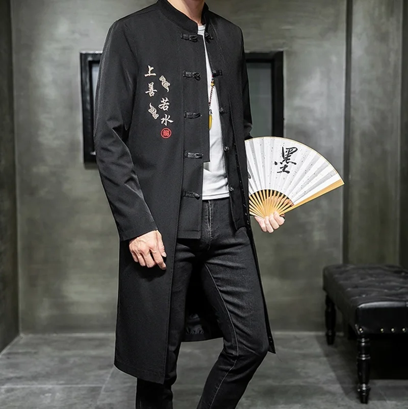 Chinese Style Long Windbreaker Jacket Men Streetwear Oriental Clothes Men Hip Hop Chinese Mandarin Jacket Coat KK3150