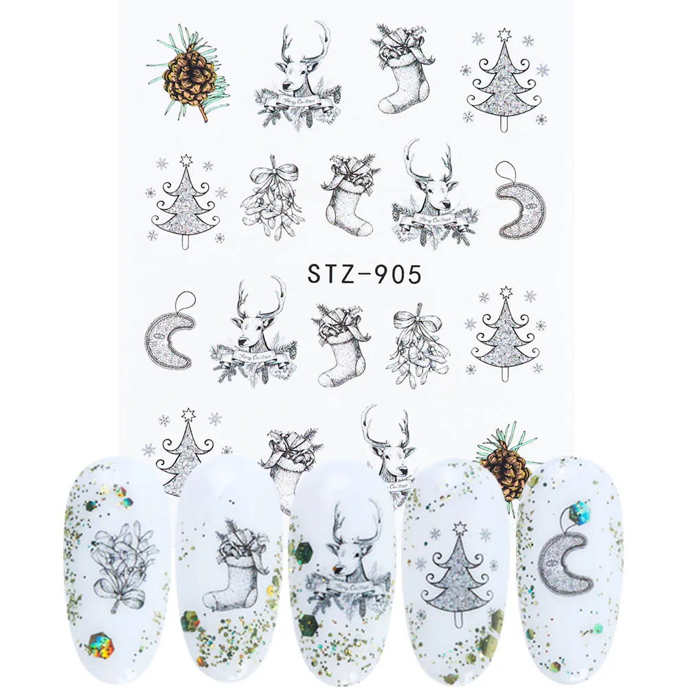 12pcs Xmas Nail Sticker Wraps Decal Snowflake Animal Christmas Tree Flower Decals Winter Water Transfer Slider JISTZ892-905