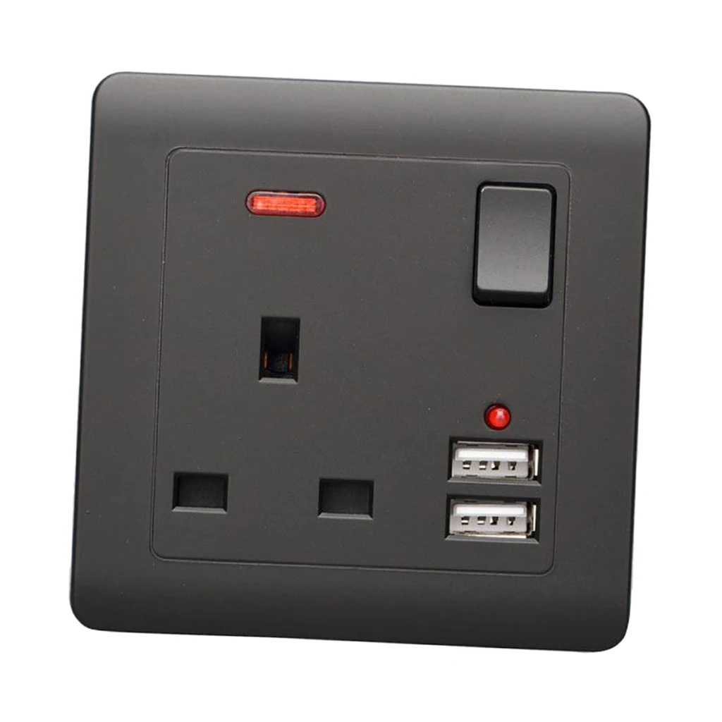Electrical Wall Socket UK Plug with 2 USB Port Outlets Plate Universal Black