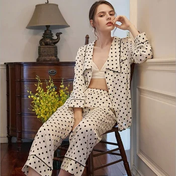 

Female sexy polka dot and french turn-down collar pyjamas autumn fashion sleep suit solid full sleeves silk sleepwear for women